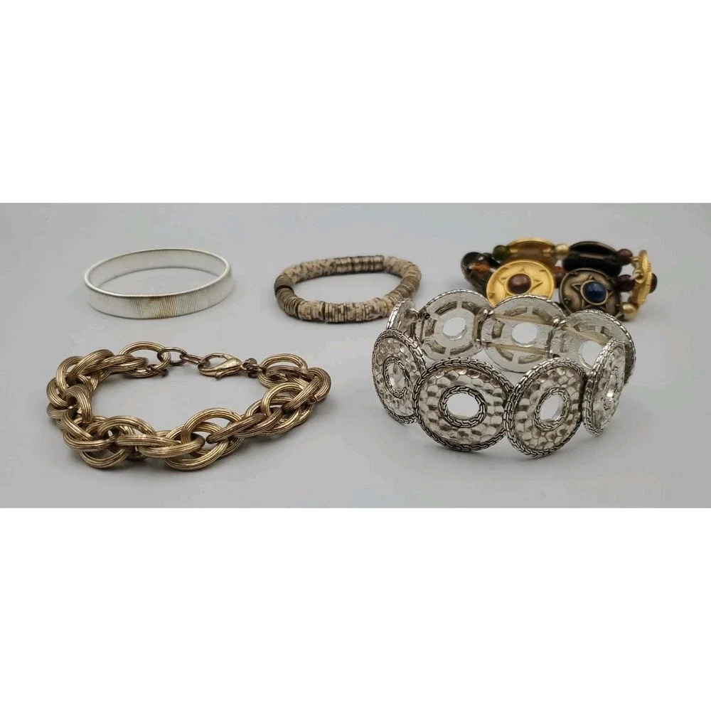 Lot‎ Of 5 Fashion Bracelets Beads Gold Silver Tone Chunky Some Stretchy Variety